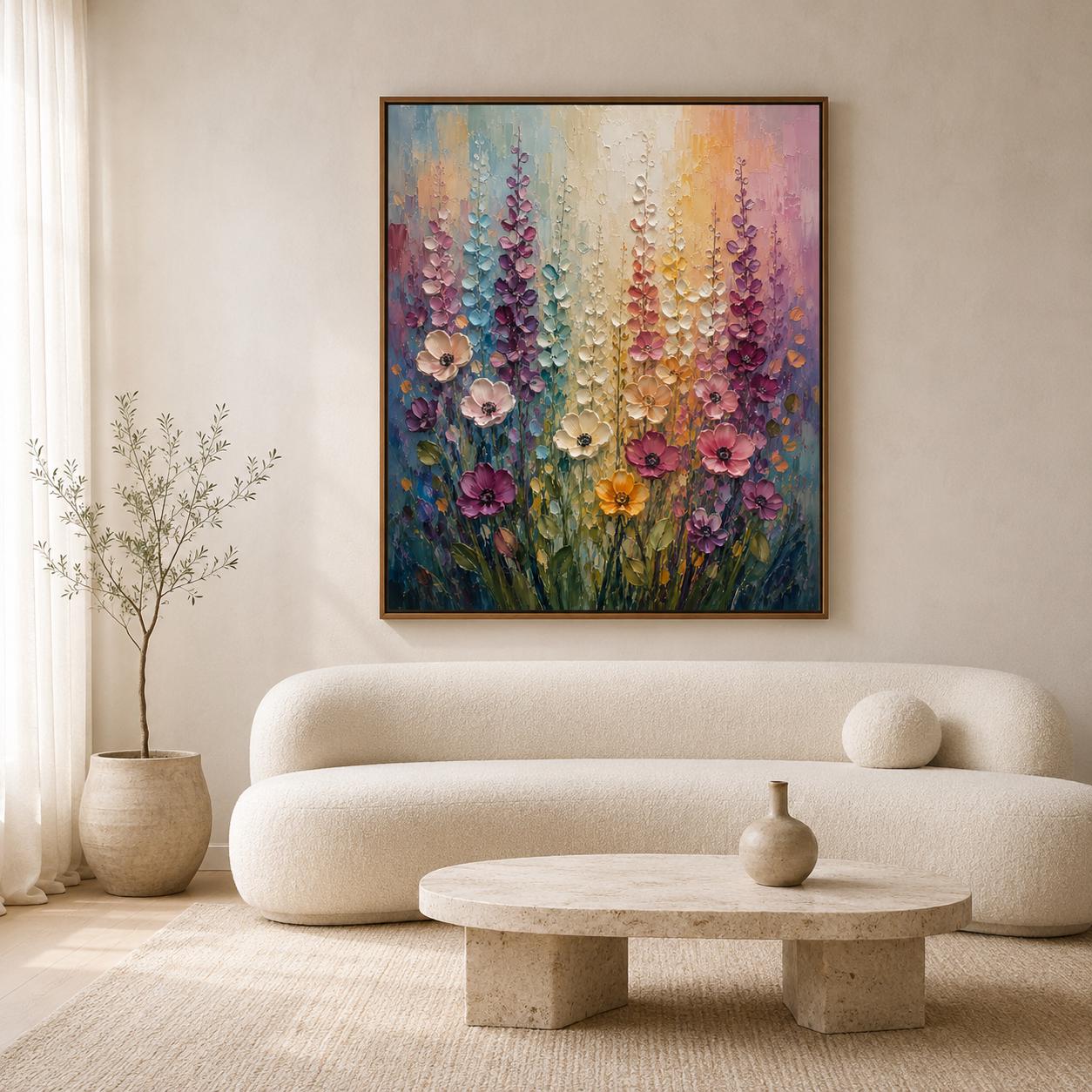 Textured Floral Painting, Impressionist Pastel Canvas Art, Bohemian Wall Decor