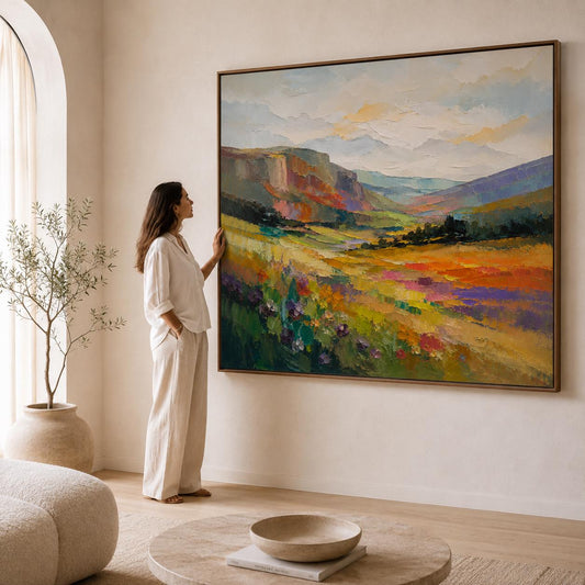 Cheerful Landscape Painting, Lavender Fields Wall Art, Impressionist Canvas, Living Room Artwork, Cottagecore Decor